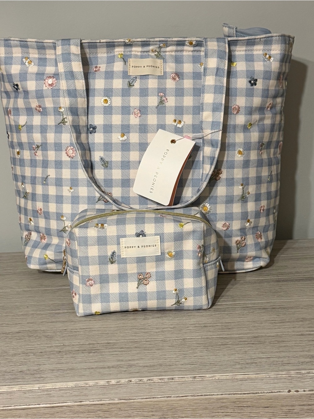 Poppy & Peonies Blue Gingham Floral Tote Bag with Pouch